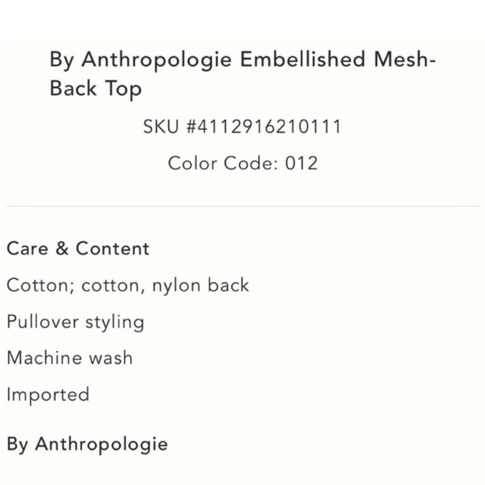 By Anthropologie Embellished
Mesh-Back Top -  NWOT - Picture 10 of 10